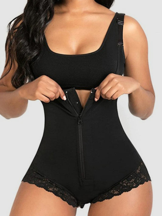 Full Size Lace Detail Wide Strap Shaping Bodysuit Black