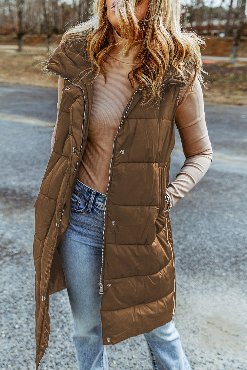 Chestnut Hooded Long Quilted Vest Coat