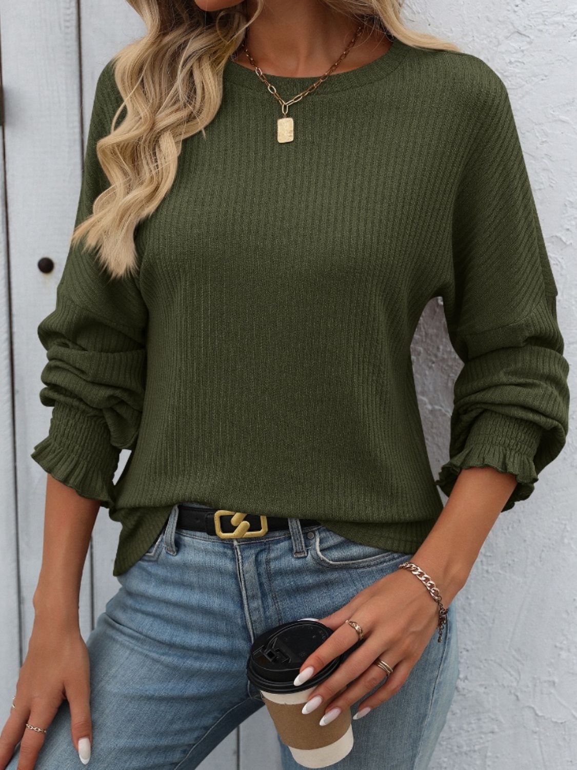 Ribbed Round Neck Long Sleeve T-Shirt Army Green