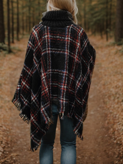 Turtleneck Plaid Raw Hem Sweater