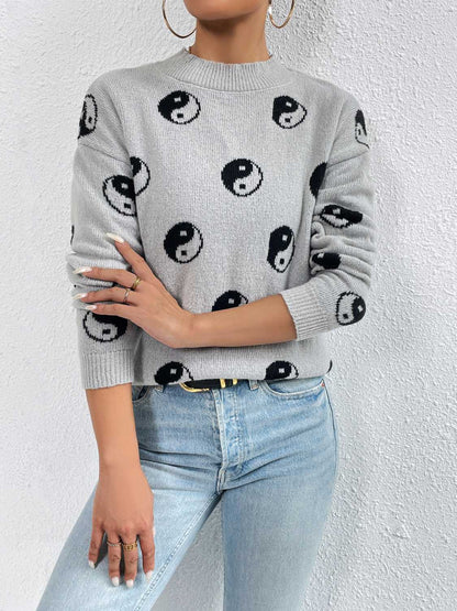 Patterned Drop Shoulder Sweater Heather Gray