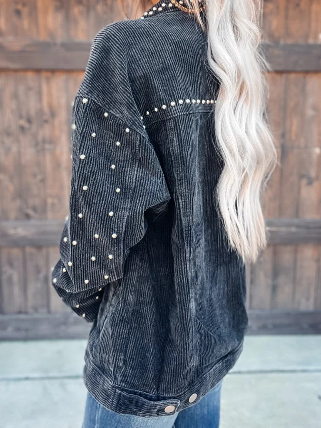 Studded Collared Neck Button Down Jacket - Thandynie