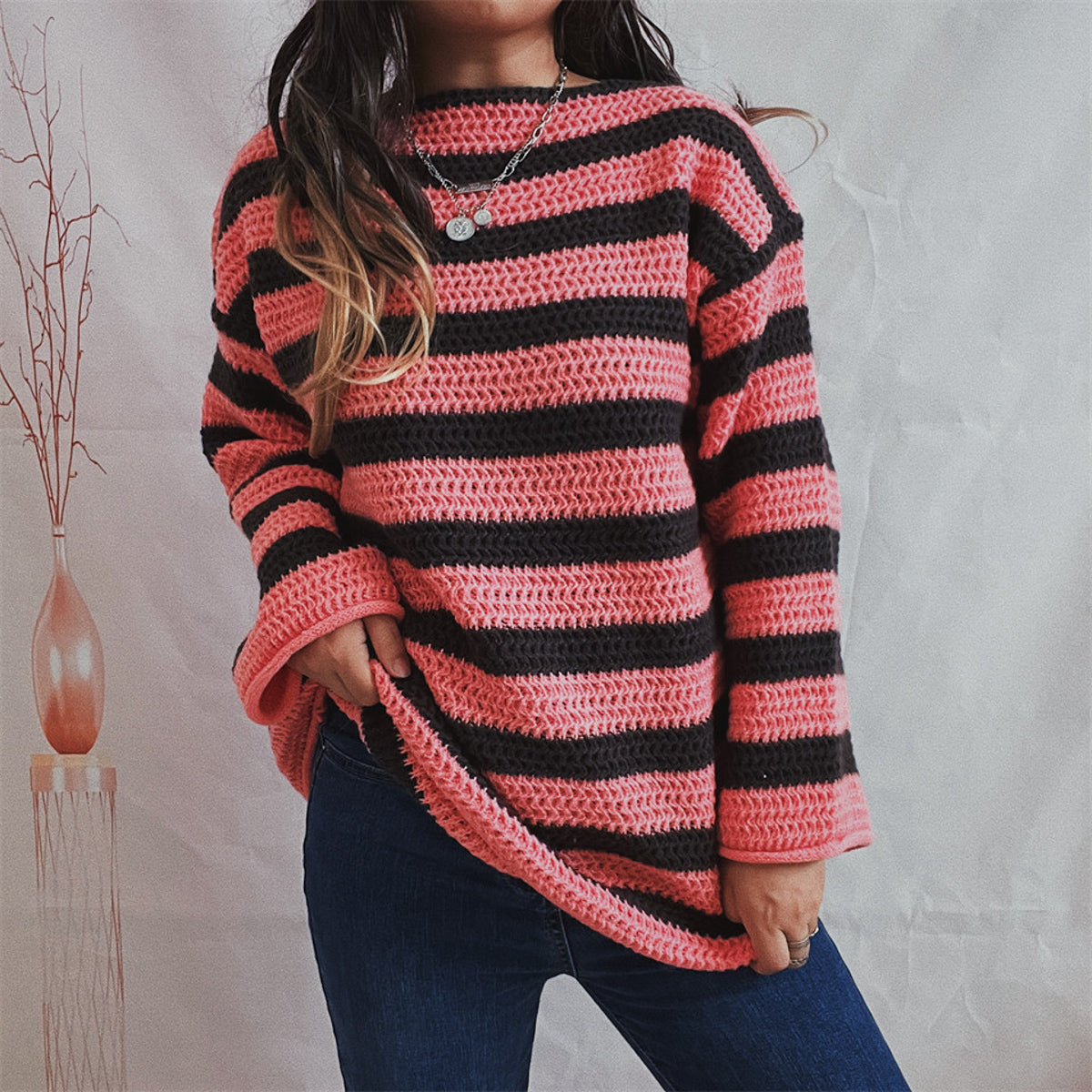 Striped Round Neck Long Sleeve Sweater Deep Rose