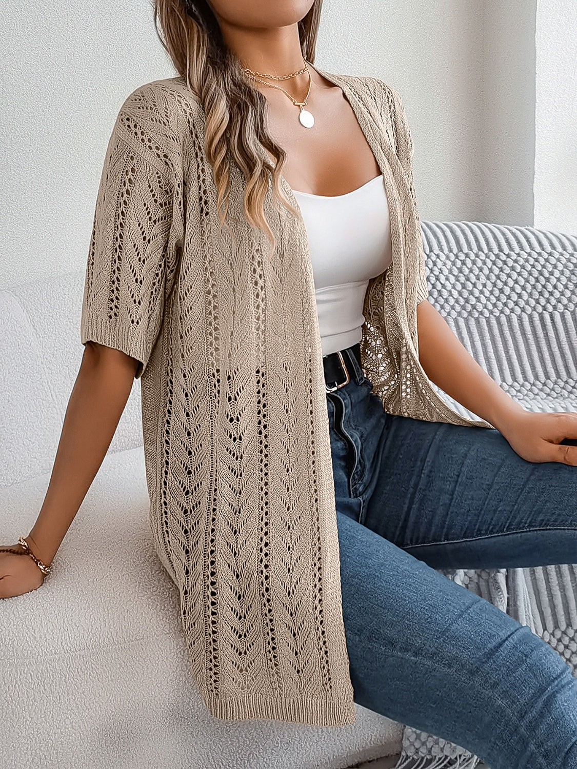 Openwork Open Front Half Sleeve Cardigan - Thandynie