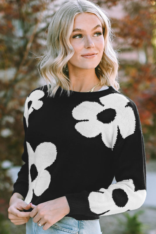 Round Neck Floral Pattern Color Contrast Design Long Sleeve Sweater Black