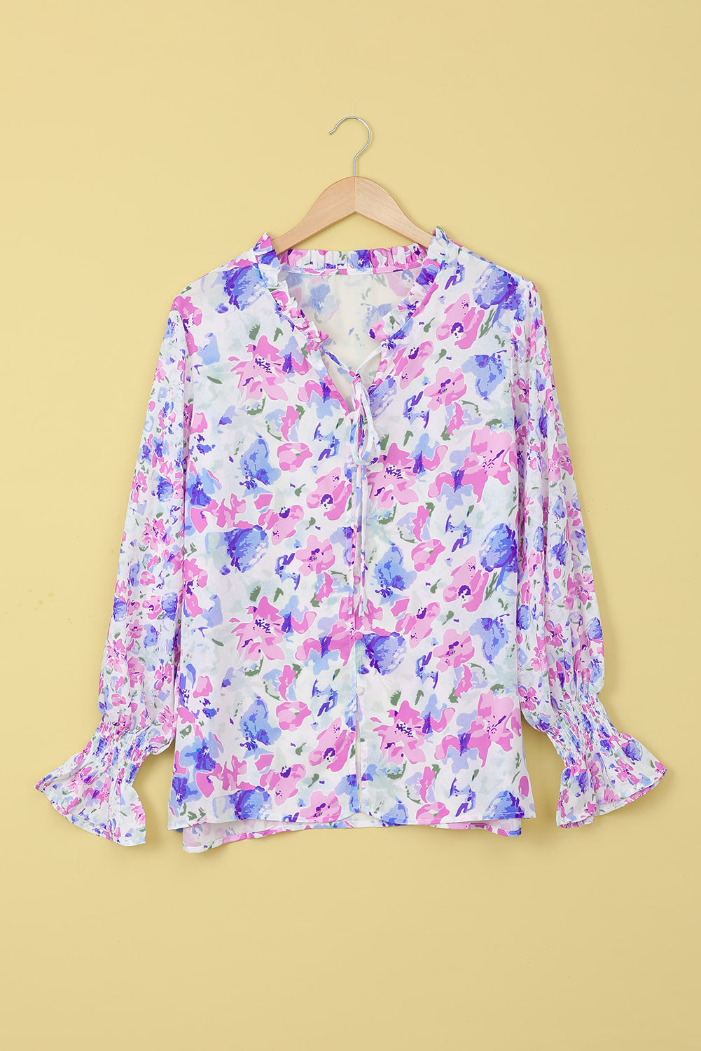 Floral Frill Trim Tie Neck Flounce Sleeve Blouse