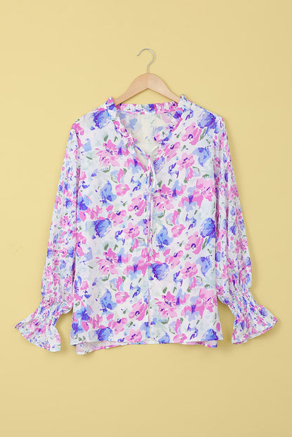 Floral Frill Trim Tie Neck Flounce Sleeve Blouse