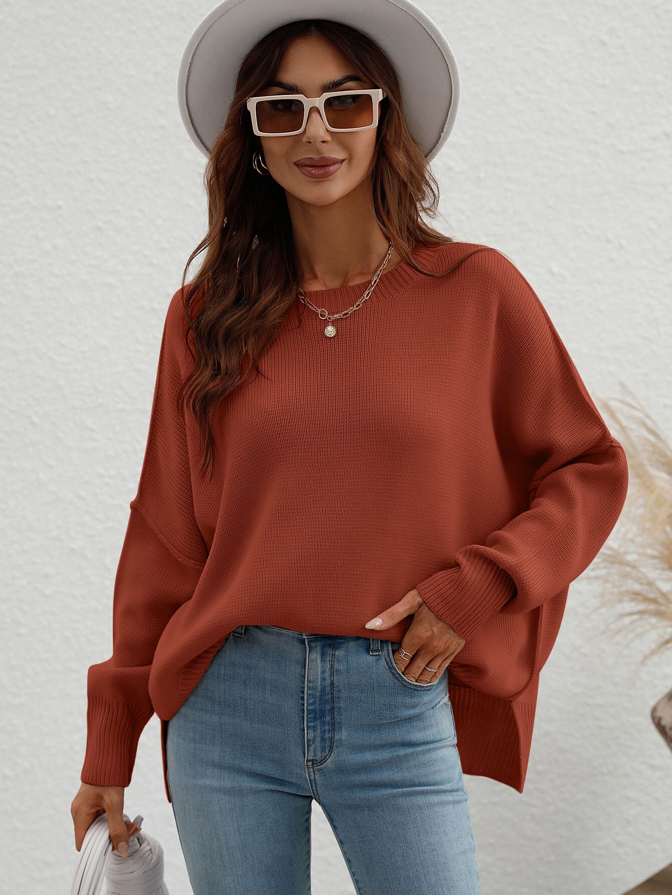 Exposed Seam Dropped Shoulder Slit Sweater Brick