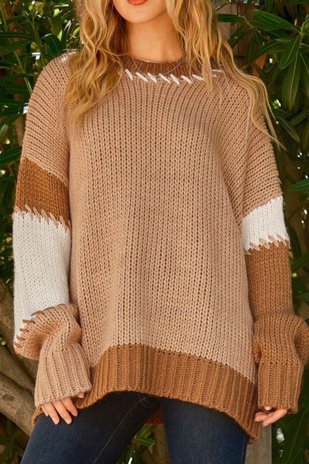 Color Block Round Neck Dropped Shoulder Sweater Camel