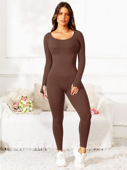 Scoop Neck Long Sleeve Active Jumpsuit Black