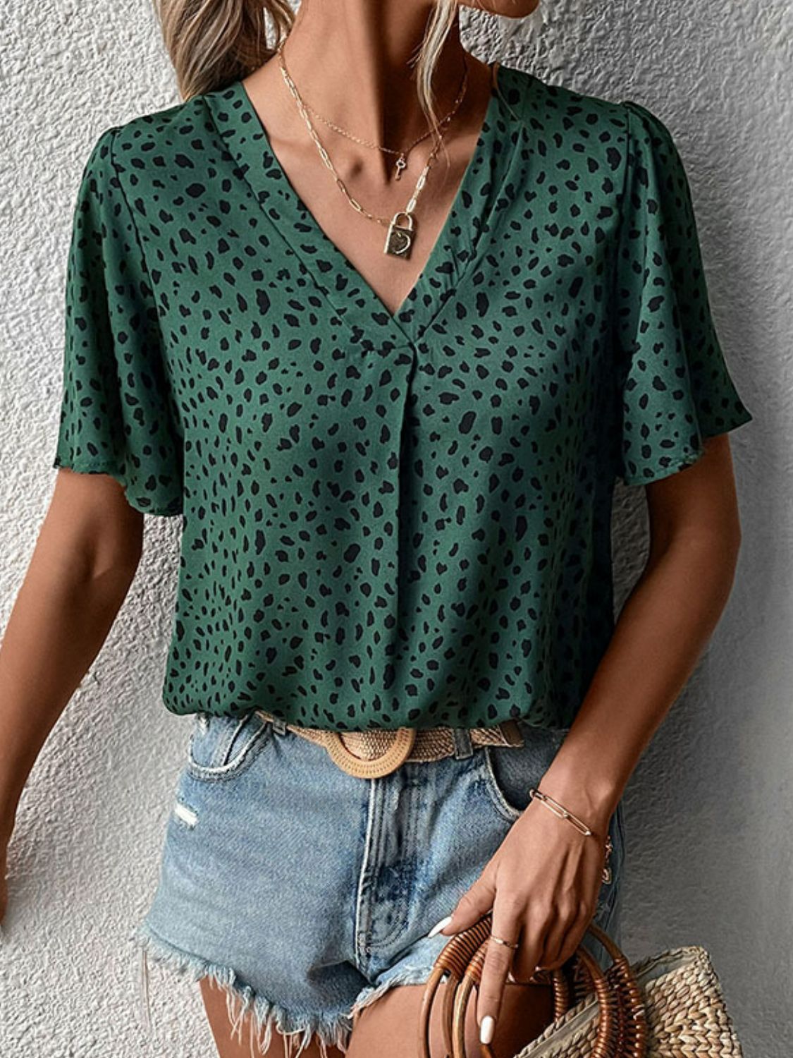 Animal Print V-Neck Flutter Sleeve Blouse Forest