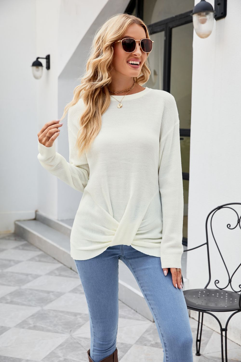 Twisted Round Neck Sweater White