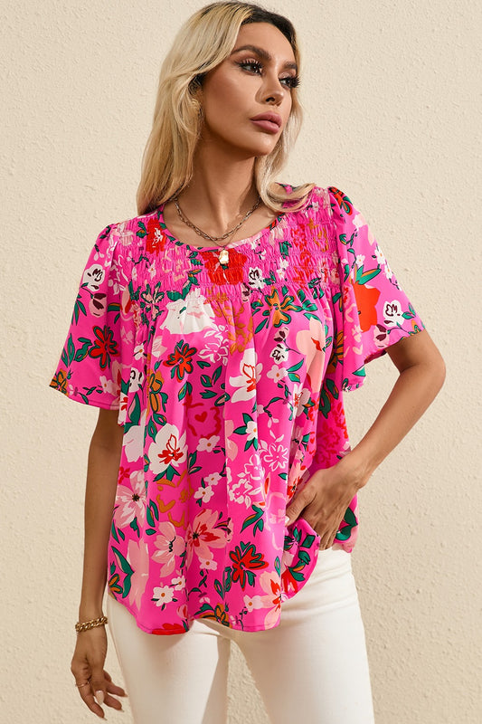 Smocked Printed Round Neck Half Sleeve Blouse Hot Pink