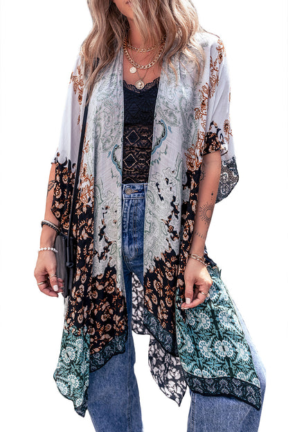 Green Boho Floral Print Irregular Hem Flowy Kimono