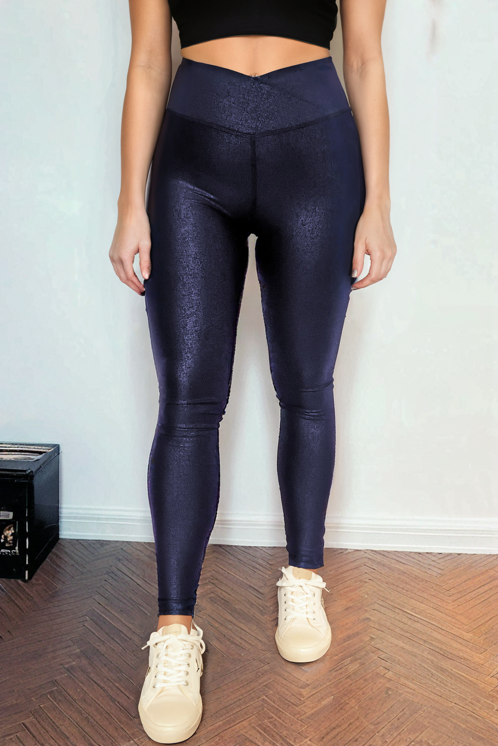 Navy Blue Crossed Dip Waist Sleek Leather Leggings Navy Blue 92%Polyester+8%Elastane