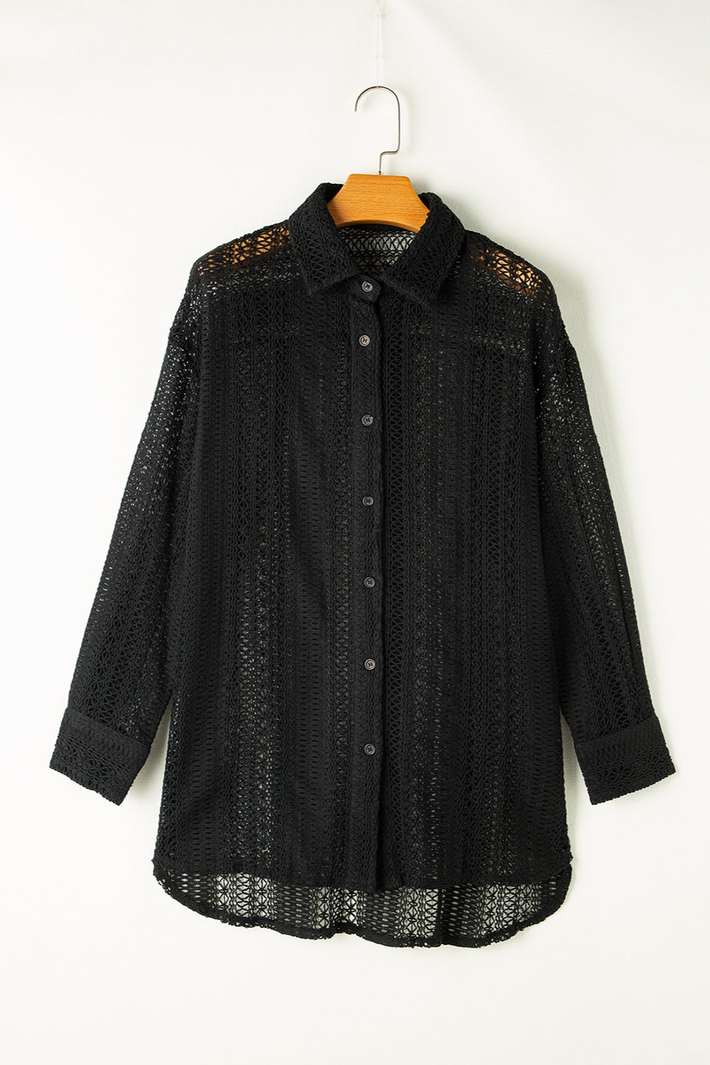 Openwork Collared Neck Long Sleeve Shirt Black