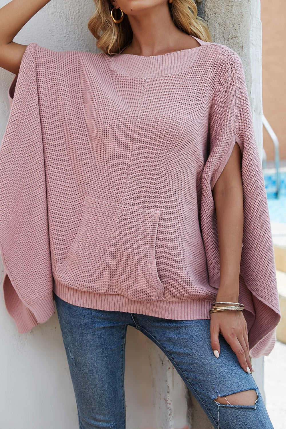 Waffle-Knit Pocketed Cape Sleeve Sweater Pink