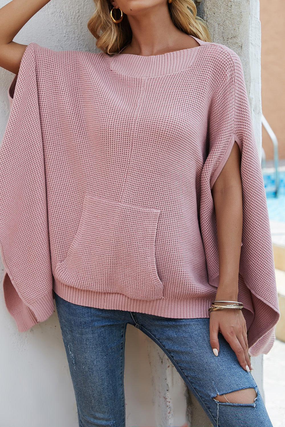 Waffle-Knit Pocketed Cape Sleeve Sweater - Thandynie