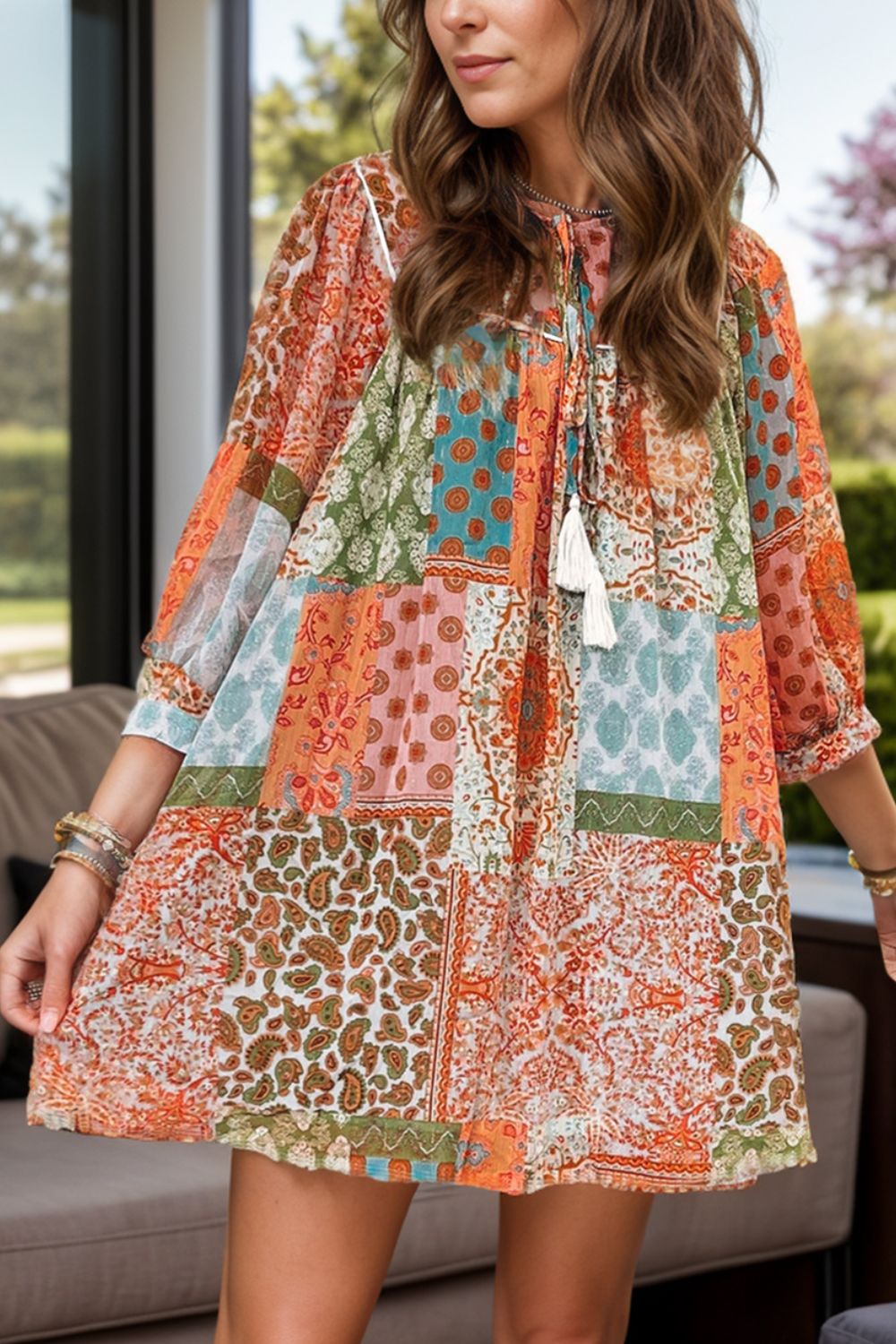 Tassel Printed Three-Quarter Sleeve Mini Dress Orange