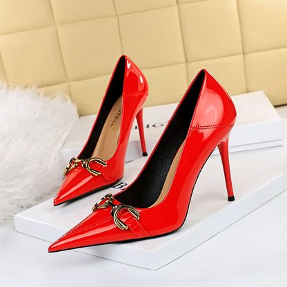 Women's Single Shoes with High Metal Belt Buckle Red