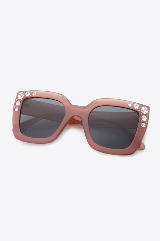 Inlaid Rhinestone Polycarbonate Sunglasses Burgundy One Size