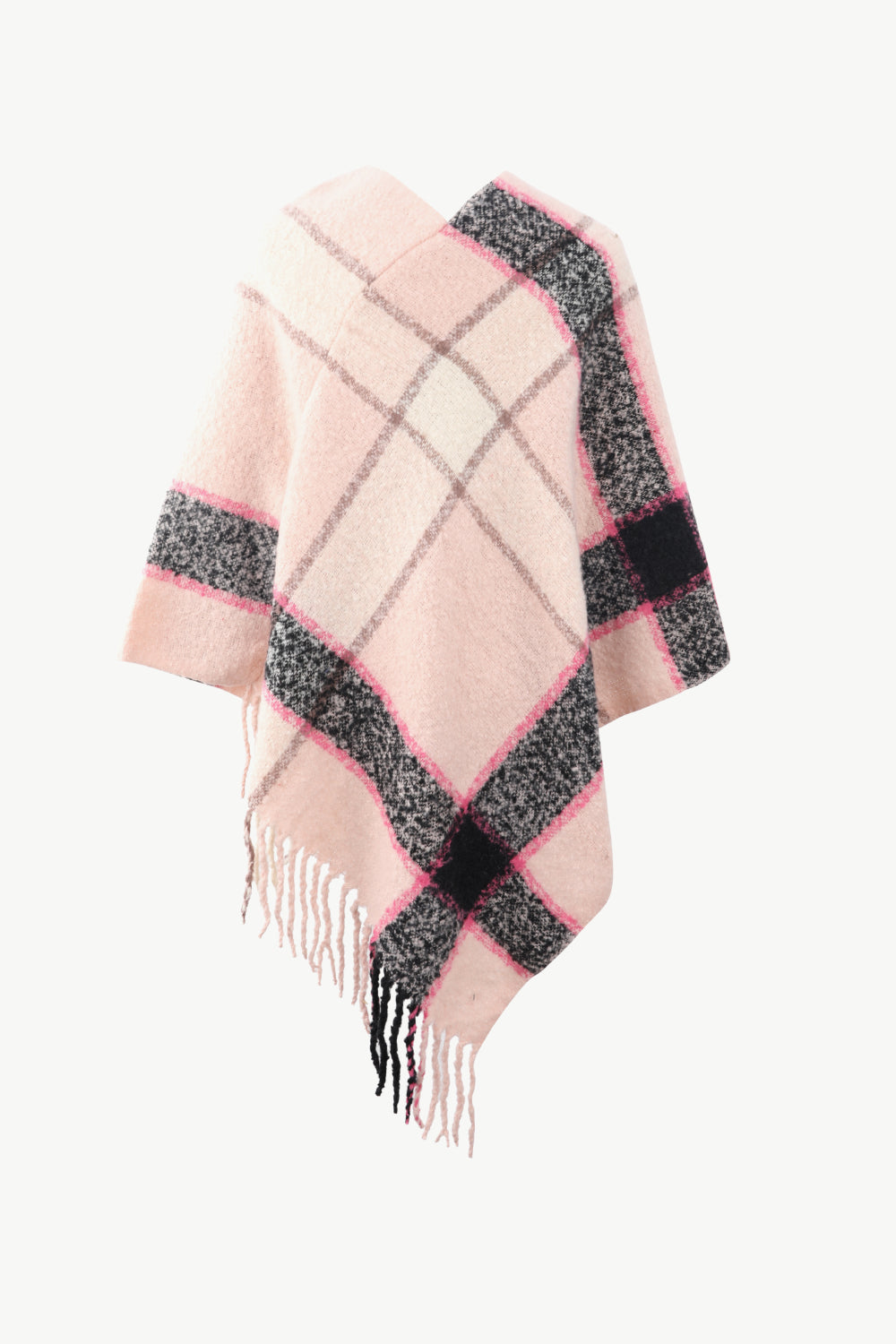 Plaid Fringe Detail Poncho - Thandynie