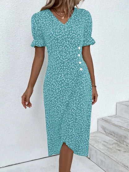 Full Size Printed Surplice Flounce Sleeve Midi Dress Aqua