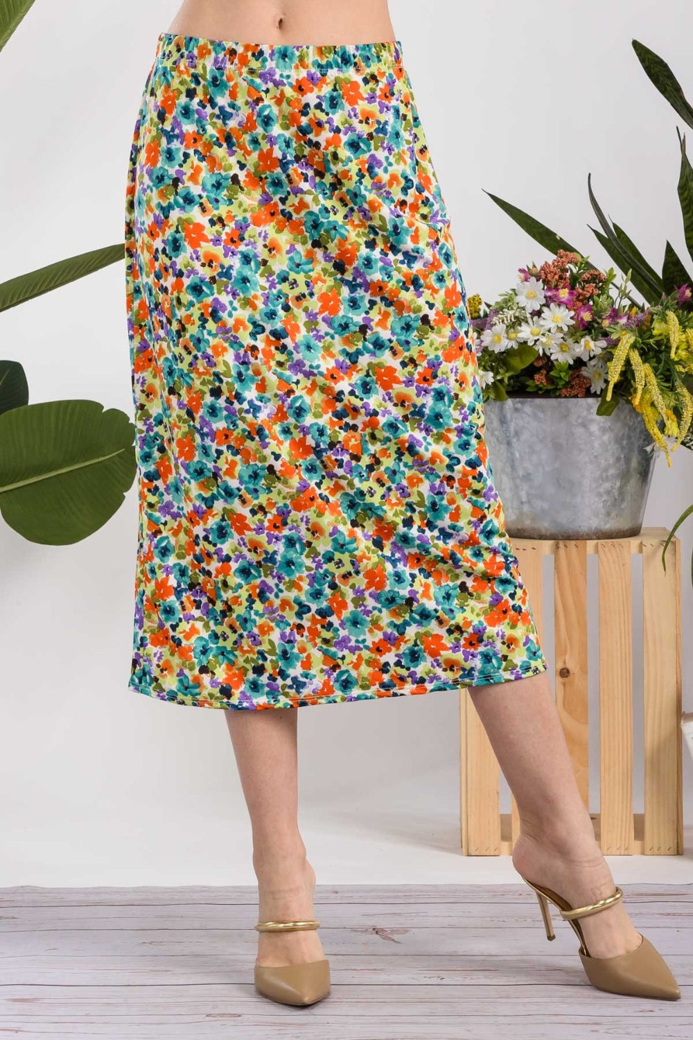 Celeste Full Size Floral A-Line Midi Skirt Green Floral