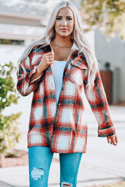 Red Turn down Neck Plaid Pocket Button Closure Coat