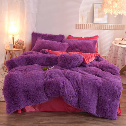 Luxury Thick Fleece Duvet Cover Queen King Winter Warm Bed Quilt Cover Pillowcase Fluffy Plush Shaggy Bedclothes Bedding Set Winter Body Keep Warm Purple