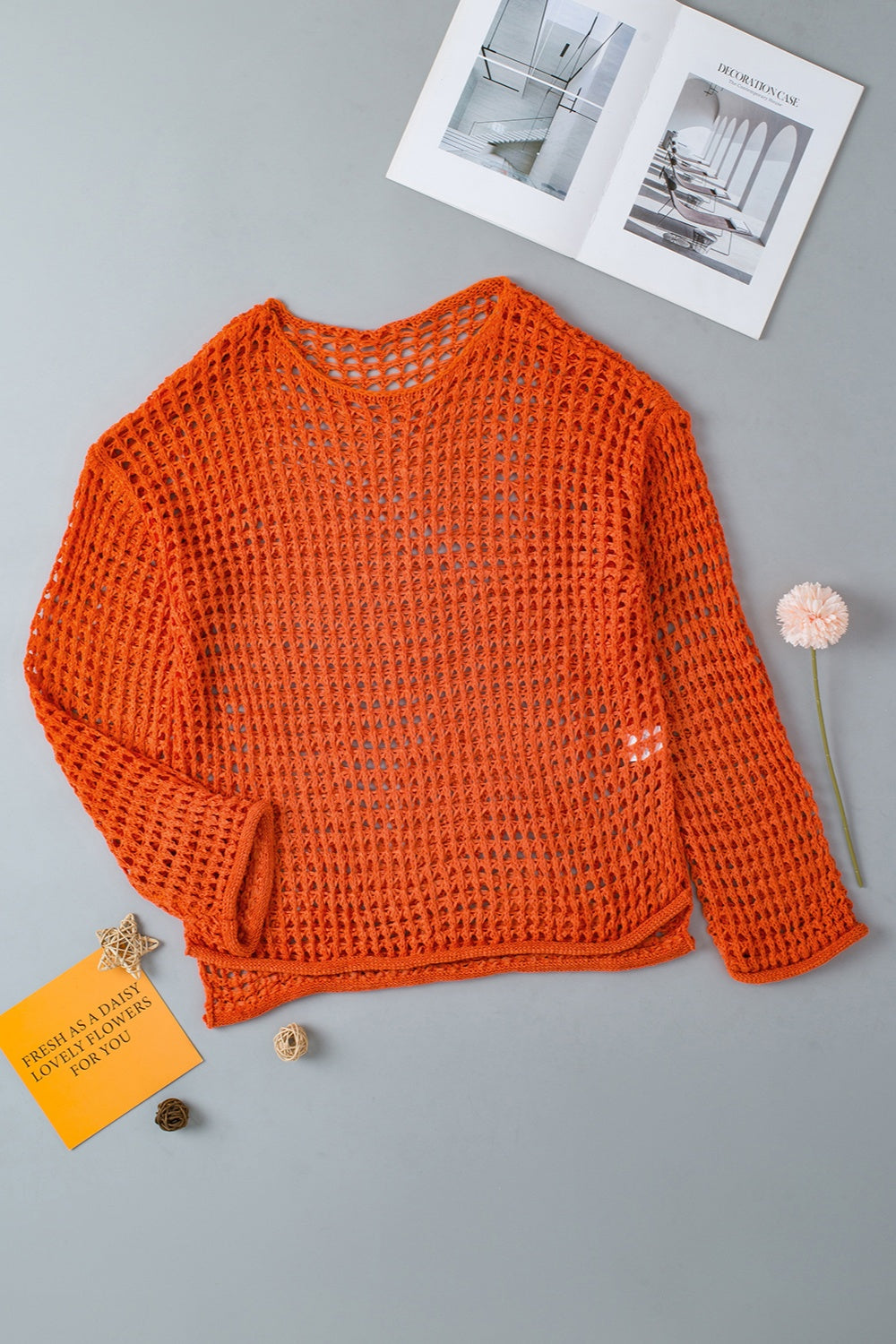 Openwork Round Neck Dropped Shoulder Knit Top Orange