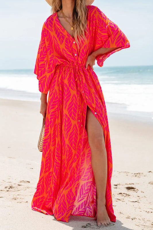 Drawstring Printed V-Neck Maxi Dress Strawberry