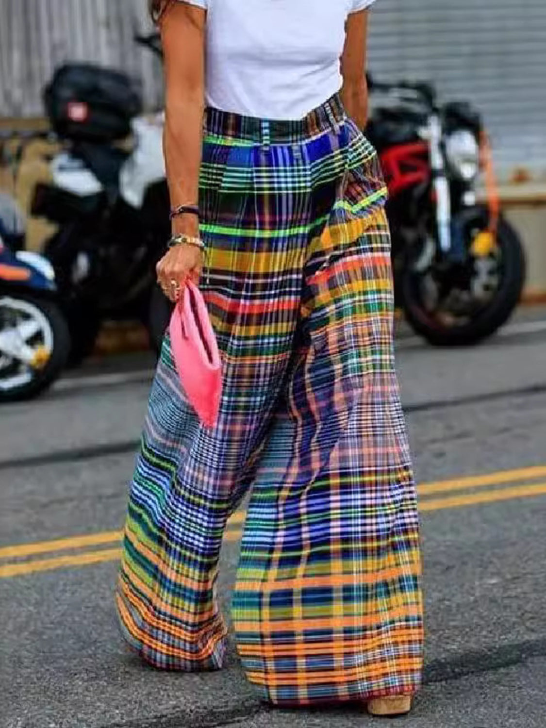 Full Size Plaid Wide Leg Pants - Thandynie