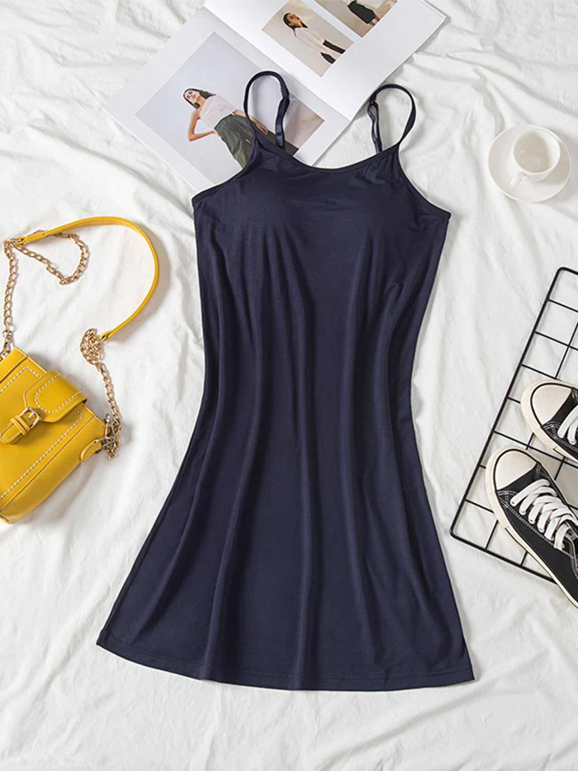 Round Neck Spaghetti Strap Cami Dress with Bra Dark Navy