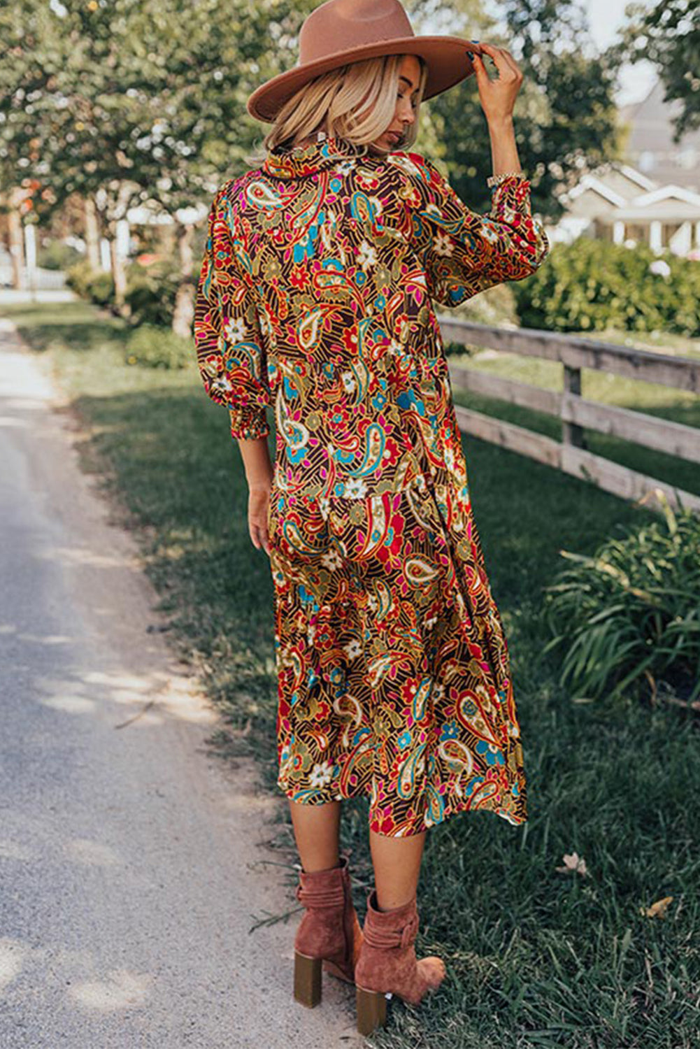 Yellow Paisley Mixed Print Collared 3/4 Sleeve Midi Dress