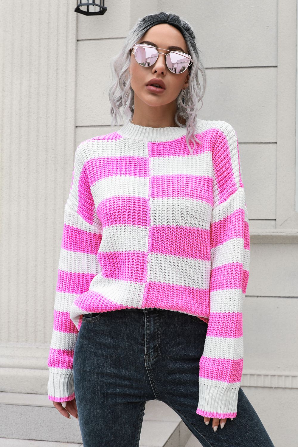 Color Block Dropped Shoulder Sweater Pink