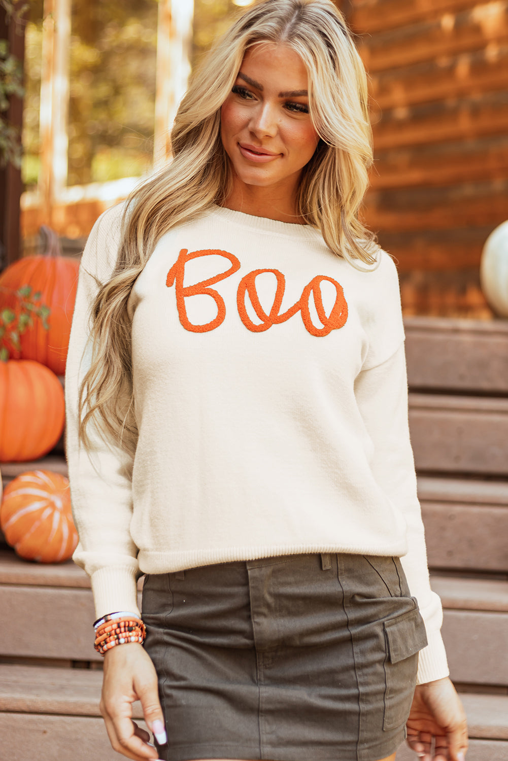 Apricot Boo Knitted Pattern Ribbed Edge Drop Shoulder Sweater