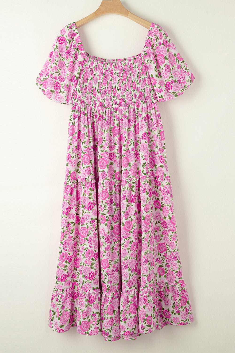 Pink Plus Size Floral Print Smocked Puff Sleeve Dress