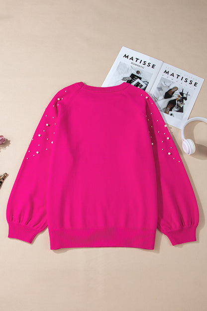 Strawberry Pink Pearled Decor Raglan Sleeve Plus Size Sweater