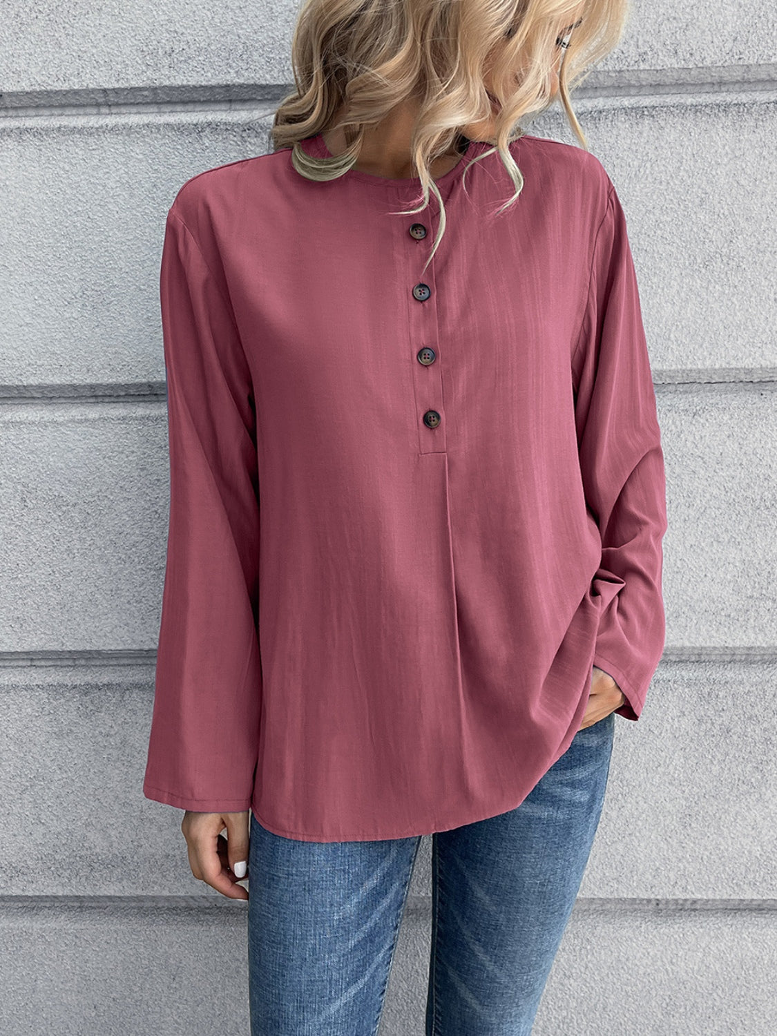 Half Button Long Sleeve Blouse Deep Purple