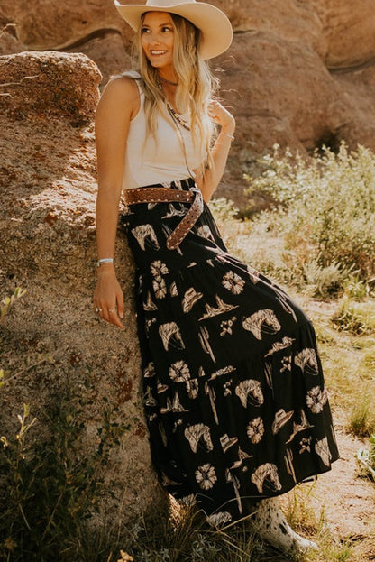 Black Western Print Tiered Ruffled High Waist Maxi Skirt