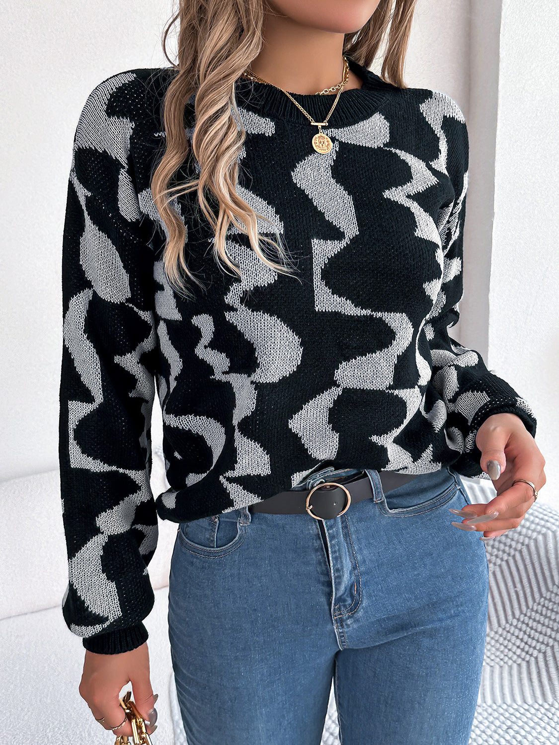 Round Neck Long Sleeve Sweater Charcoal