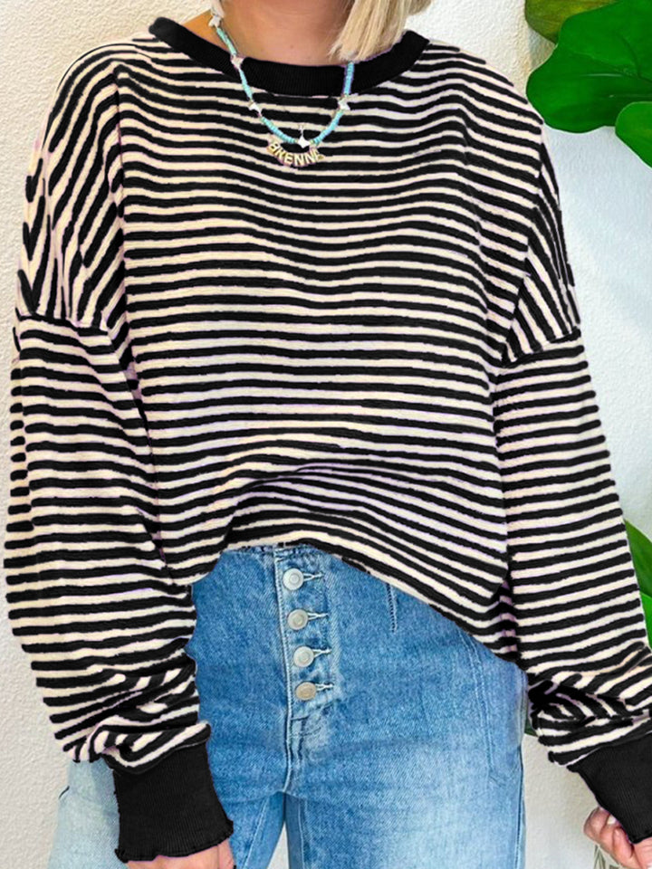 Striped Round Neck Long Sleeve Sweatshirt Black