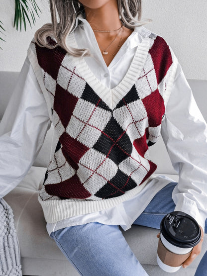 Plaid V-Neck Sweater Vest Burgundy