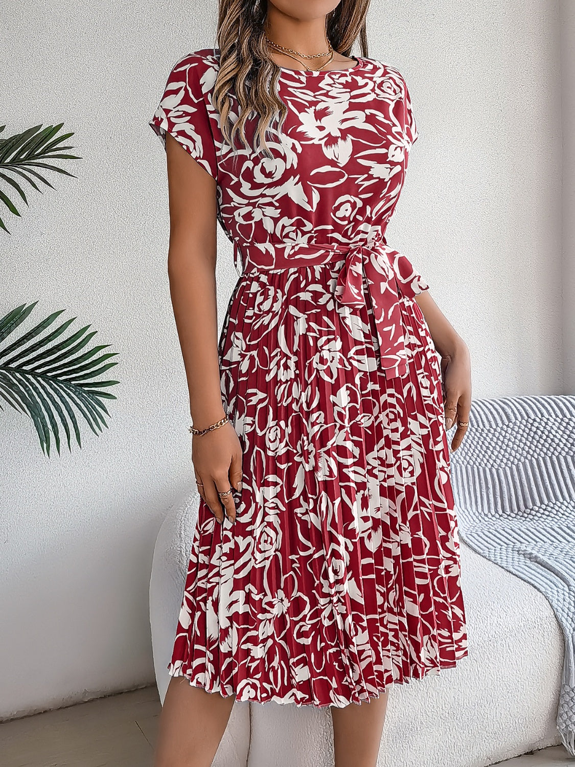 Tied Pleated Printed Short Sleeve Dress Burgundy