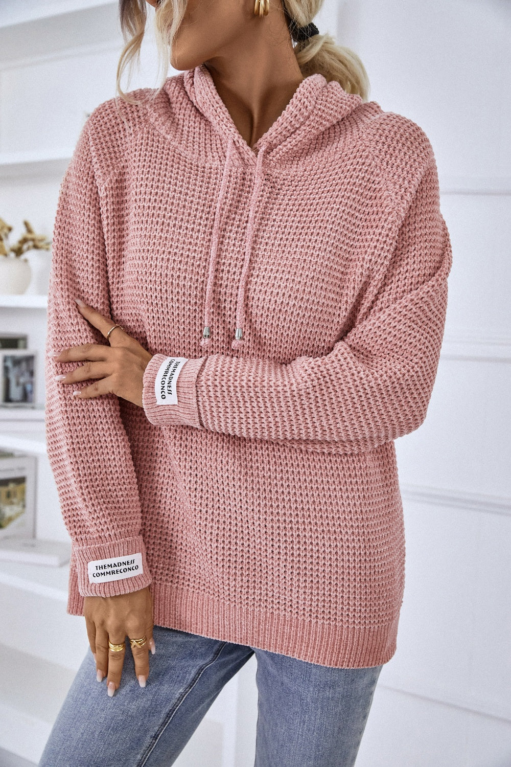 Drawstring Long Sleeve Hooded Sweater Blush Pink