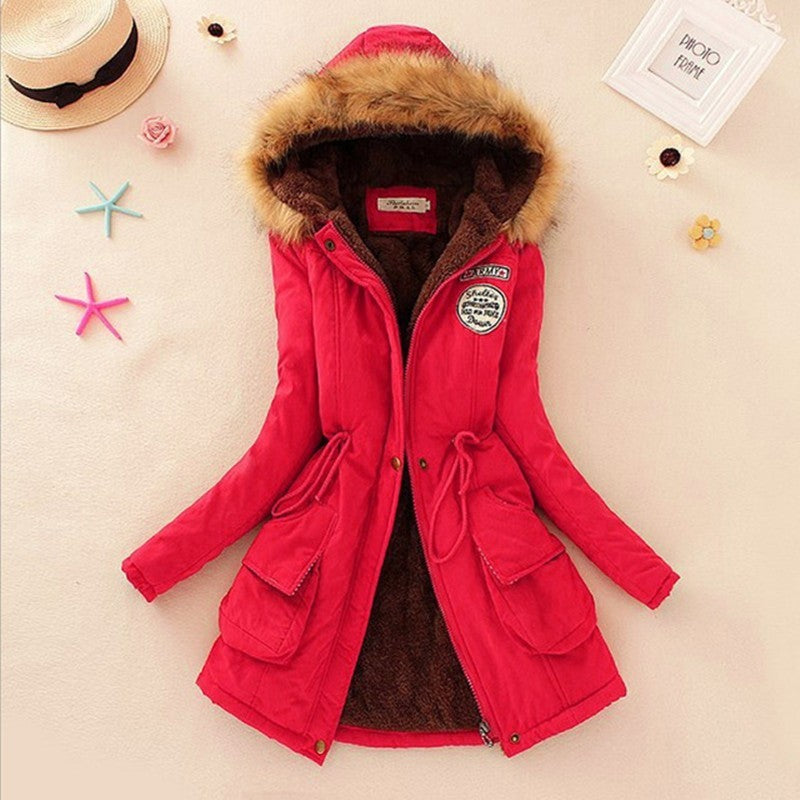 Long Women's Cotton-Padded Jacket With Wool Collar Red