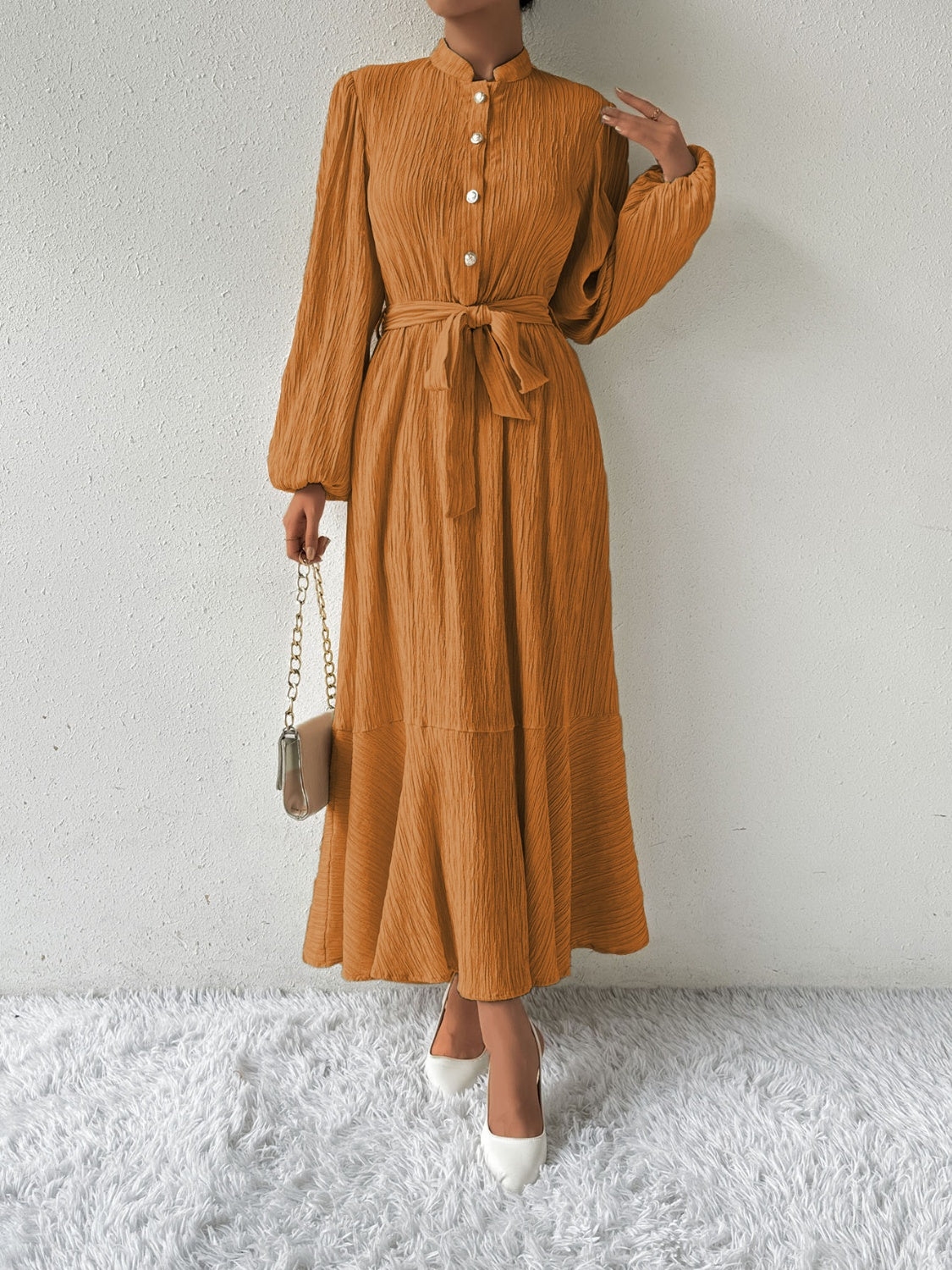 Tie Waist Long Sleeve Dress - Thandynie