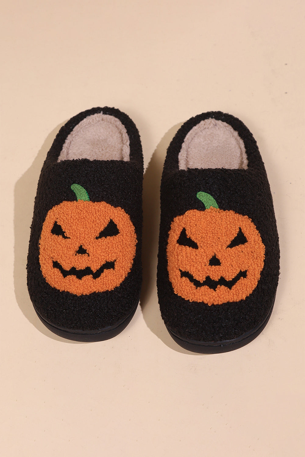 Black Halloween Pumpkin Print Plush Slippers