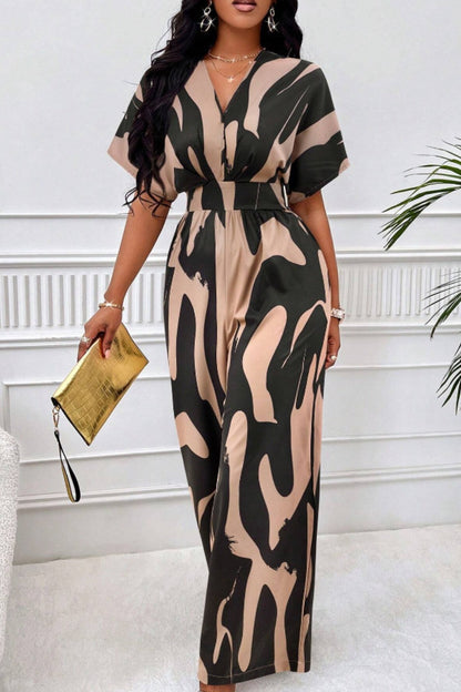 Printed V-Neck Short Sleeve Wide Leg Jumpsuit Taupe